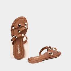 Rasteira Gabriela Feminina Multitiras Tachas Caramelo