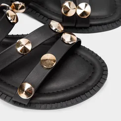 Rasteira Gabriela Feminina Multitiras Tachas Preto