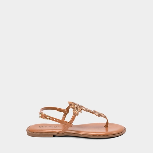 Sansália Rasteira Feminina Gabriela Detalhe Strass & Pedraria Caramelo