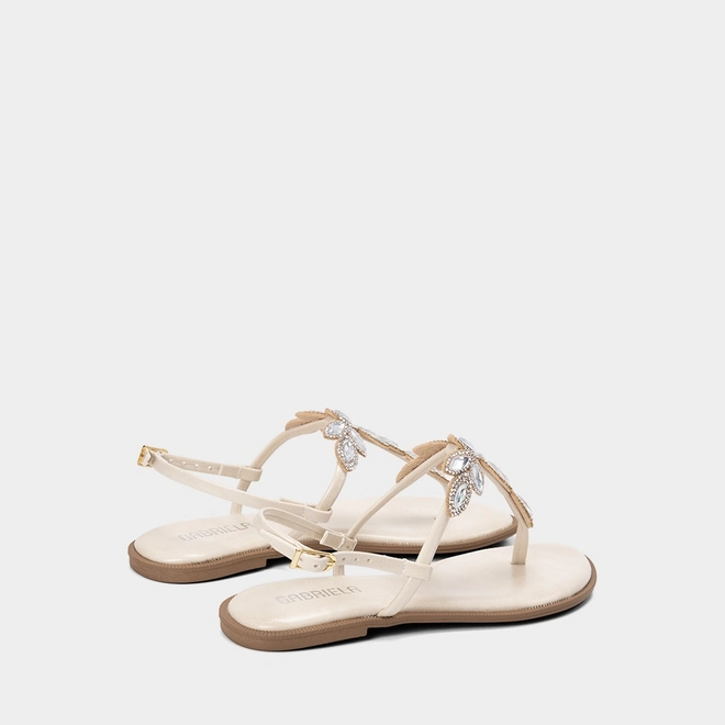 Sandália Rasteira Feminina Gabriela Detalhe Strass & Pedraria Off White