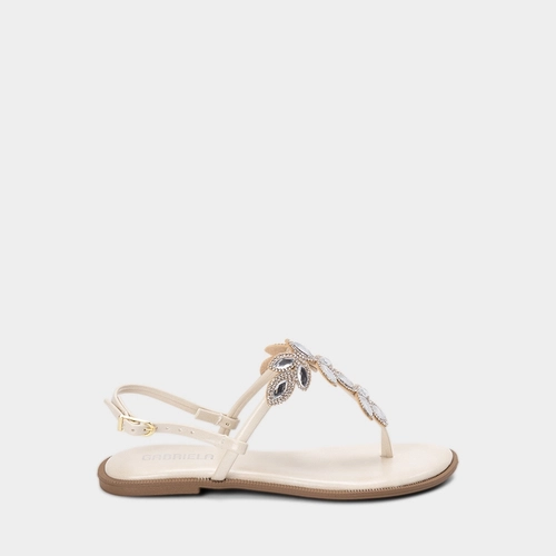 Sandália Rasteira Feminina Gabriela Detalhe Strass & Pedraria Off White