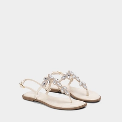 Sandália Rasteira Feminina Gabriela Detalhe Strass & Pedraria Off White