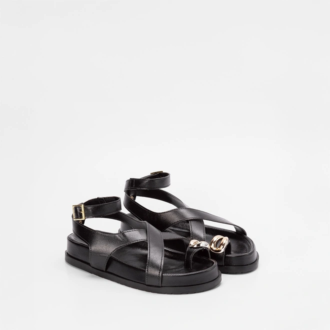 Sandália Rasteira Gabriela Enfeite Bold Metalizado Preto