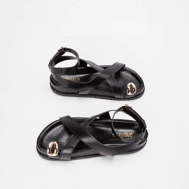 Sandália Rasteira Gabriela Enfeite Bold Metalizado Preto