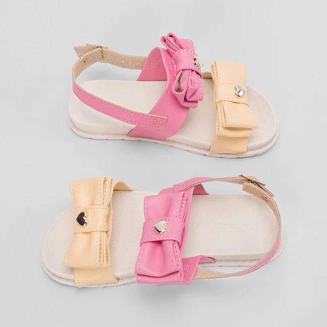 Sandália Infantil Molekinha Duas Tiras Laço Coração Rosa & Amarelo