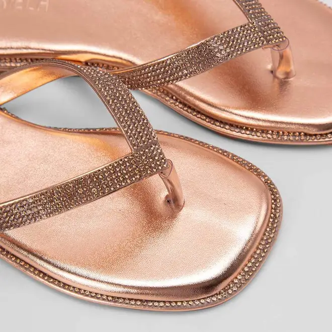 Rasteira Feminina Gabriela Metalizado Strass Rose Gold