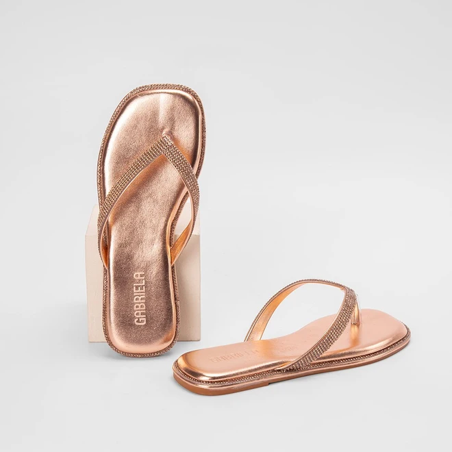 Rasteira Feminina Gabriela Metalizado Strass Rose Gold