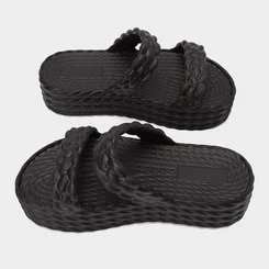 Chinelo Gabriela Flatform Tira Dupla Textura Tressê Preto