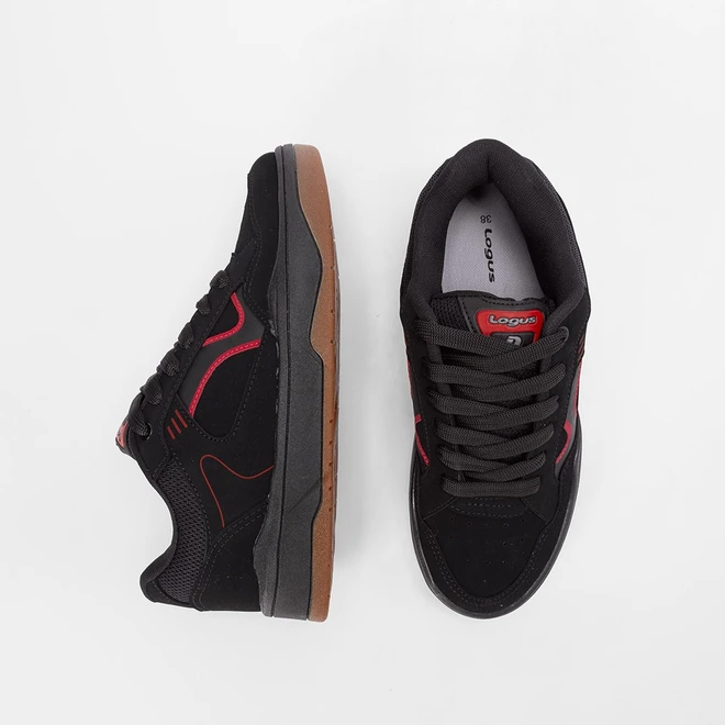 Tênis Casual Masculino Logus com Detalhes Vermelhos Nobuck Preto