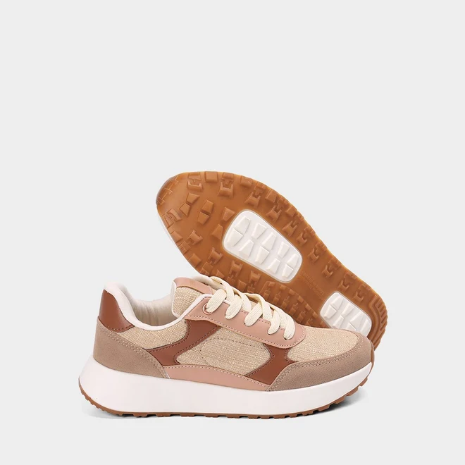 Tênis Casual Feminino Gabriela Flatform Recortes Em Camurça Bege