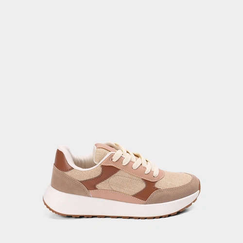 Tênis Casual Feminino Gabriela Flatform Recortes Em Camurça Bege