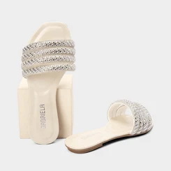 Rasteira Feminina Gabriela Multitiras Strass Off White