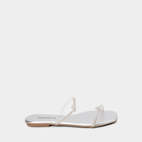 Rasteira Feminina Gabriela Tiras Nó Strass Metalizada Prata