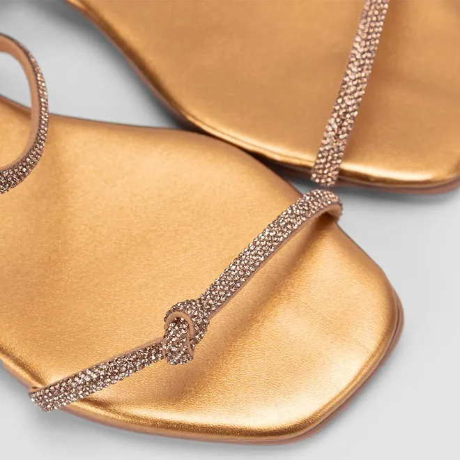 Rasteira Feminina Gabriela Tiras Nó Strass Metalizada Bronze