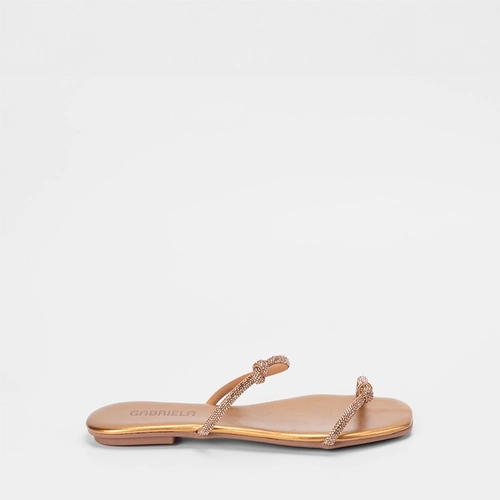 Rasteira Feminina Gabriela Tiras Nó Strass Metalizada Bronze