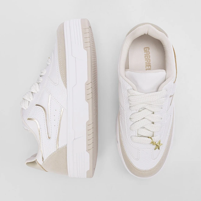 Tênis Casual Feminino Gabriela Recorte Camurça Metalizado Branco