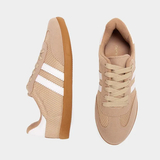 Tênis Casual Feminino Penélope Detalhe Recorte Camurça Mesh Bege