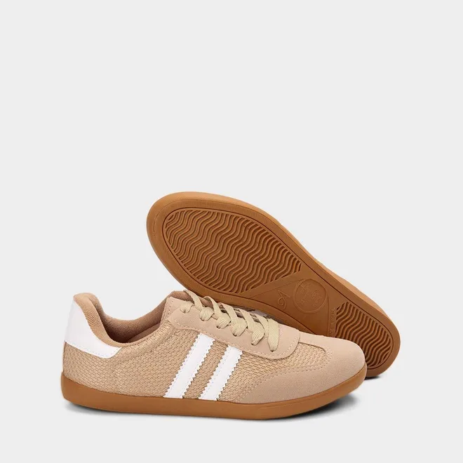 Tênis Casual Feminino Penélope Detalhe Recorte Camurça Mesh Bege