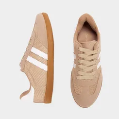 Tênis Casual Feminino Penélope Detalhe Recorte Camurça Mesh Bege