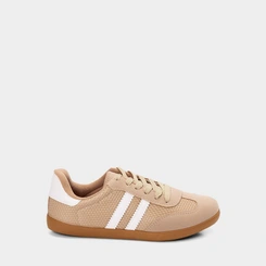 Tênis Casual Feminino Penélope Detalhe Recorte Camurça Mesh Bege
