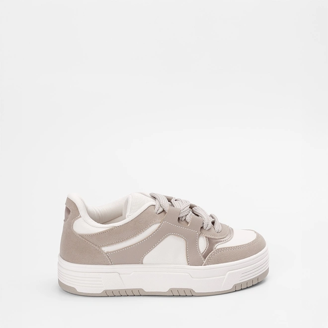 Tênis Feminino Gabriela Flatform Recortes Camurça Off White & Bege