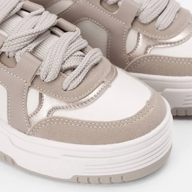 Tênis Feminino Gabriela Flatform Recortes Camurça Off White & Bege