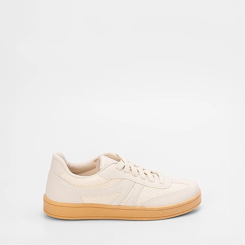 Tênis Casual Feminino Gabriela Com Recortes Em Ráfia Bege