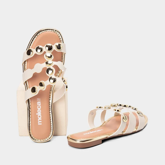 Rasteira Feminina Moleca Rebites Off White