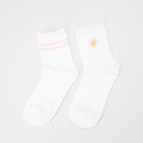 Kit Meia Feminina Stz Cano Médio Bordado Flor 2 Pares 35-39 Branco