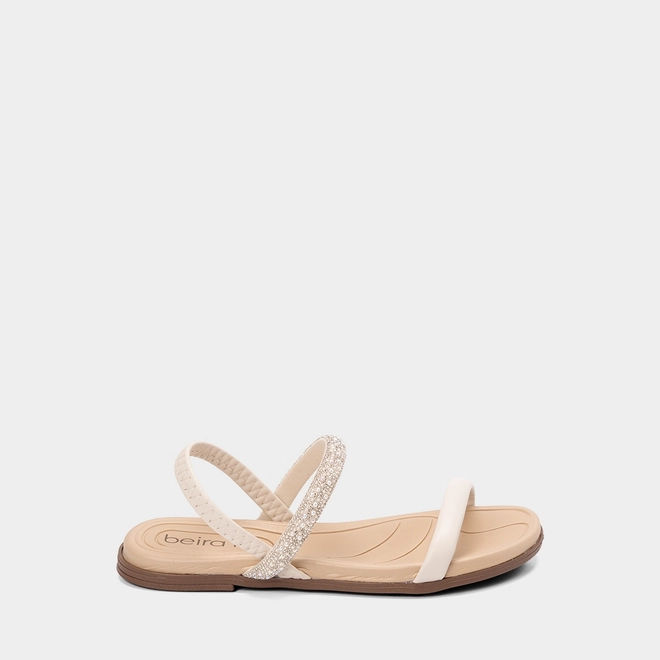 Sandália Rasteira Feminina Beira Rio Detalhe Strass & Pérola Off White