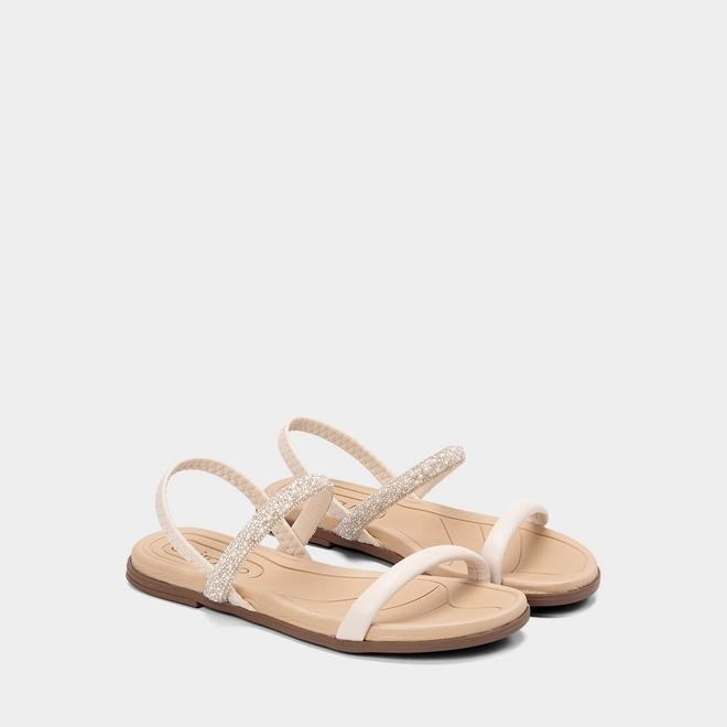 Sandália Rasteira Feminina Beira Rio Detalhe Strass & Pérola Off White