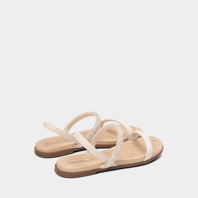 Sandália Rasteira Feminina Beira Rio Detalhe Strass & Pérola Off White