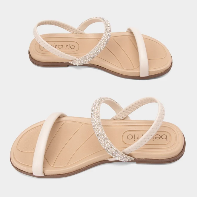 Sandália Rasteira Feminina Beira Rio Detalhe Strass & Pérola Off White