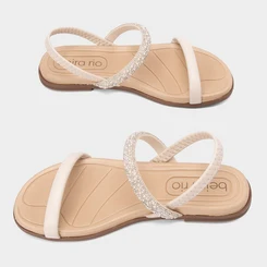 Sandália Rasteira Feminina Beira Rio Detalhe Strass & Pérola Off White