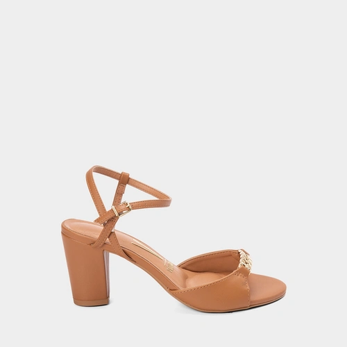 Sandália Salto Grosso Médio Vizzano Enfeite Corrente Caramelo