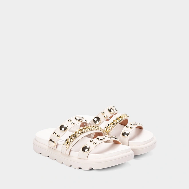 Tamanco Feminino Vizzano Original Tiras Detalhe Esferas & Corrente Off White