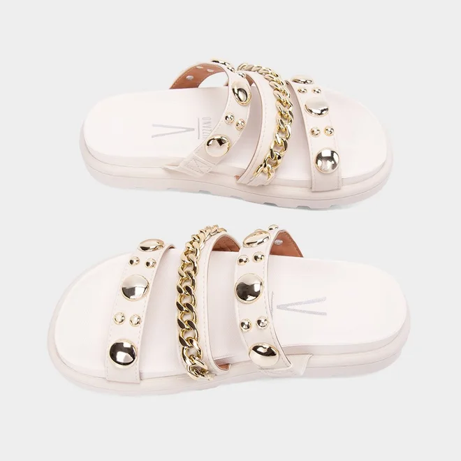 Tamanco Feminino Vizzano Original Tiras Detalhe Esferas & Corrente Off White