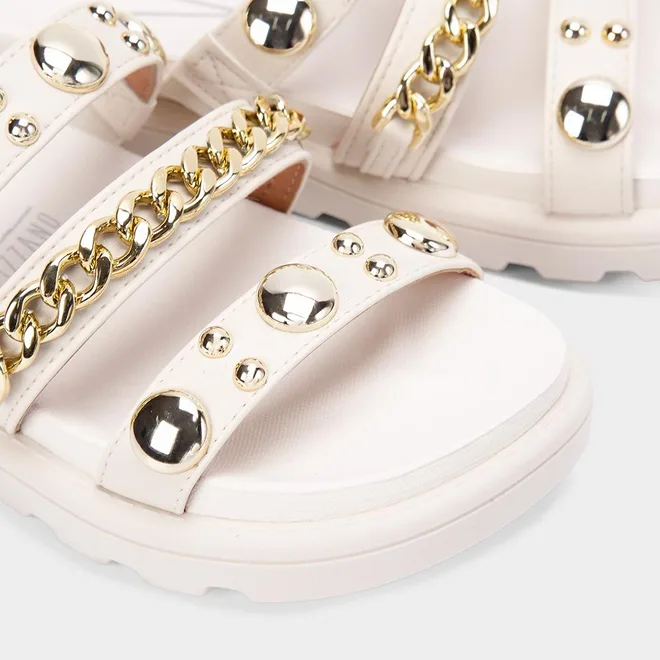 Tamanco Feminino Vizzano Original Tiras Detalhe Esferas & Corrente Off White