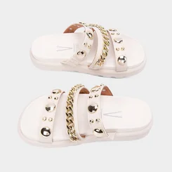 Tamanco Feminino Vizzano Original Tiras Detalhe Esferas & Corrente Off White