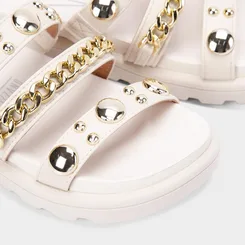 Tamanco Feminino Vizzano Original Tiras Detalhe Esferas & Corrente Off White