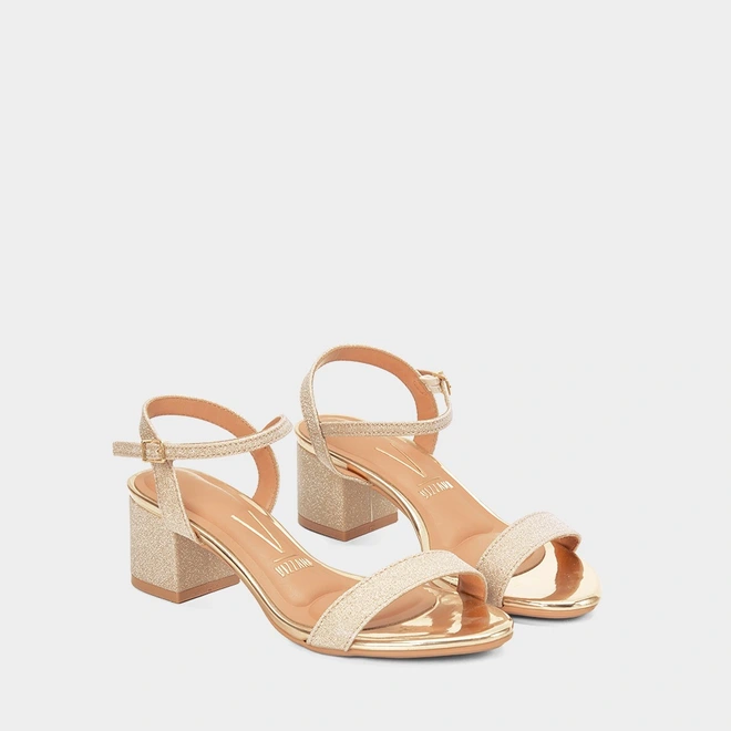 Sandália Vizzano Salto Bloco Tiras Pespontos Lurex Ouro