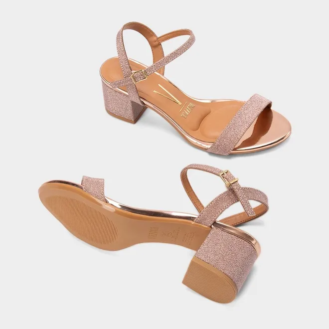 Sandália Feminina Vizzano Salto Bloco Médio  Lurex Metalizado Rose Gold