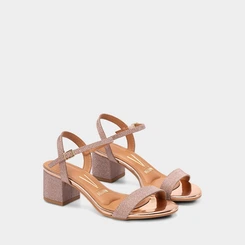 Sandália Feminina Vizzano Salto Bloco Médio  Lurex Metalizado Rose Gold