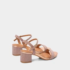 Sandália Feminina Vizzano Salto Bloco Médio  Lurex Metalizado Rose Gold