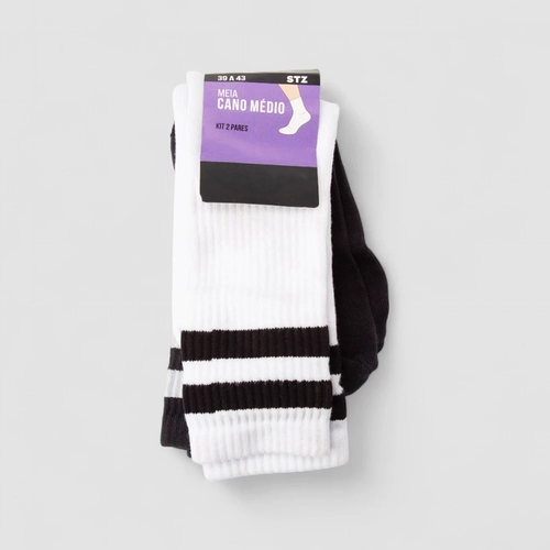Kit Meia Esportiva STZ Cano Médio 2 Pares 39-43 Branco & Preto
