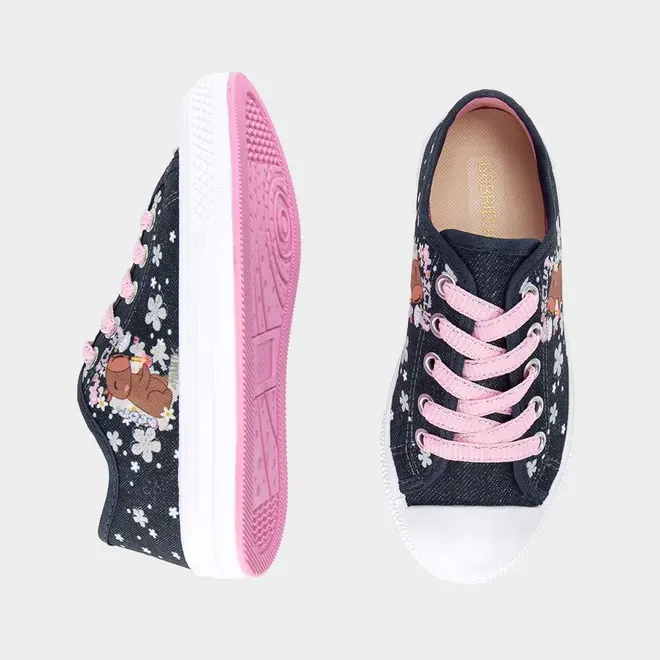 Tênis Casual Infantil Gabrielinha Capivara Floral Azul & Rosa