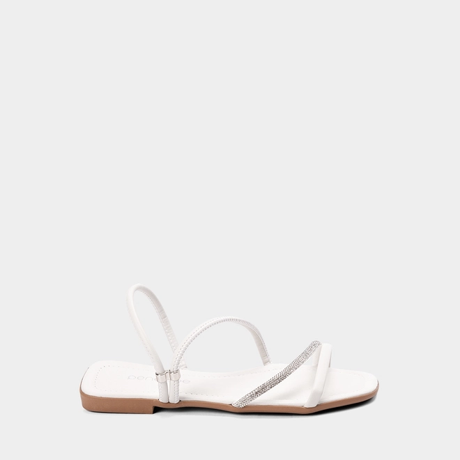 Sandália Rasteira Feminina Penélope Tiras Dupla Strass Off White