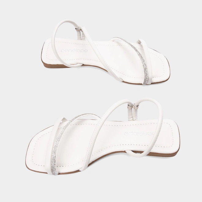 Sandália Rasteira Feminina Penélope Tiras Dupla Strass Off White