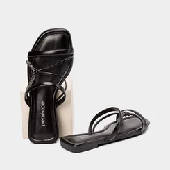 Rasteira Feminina Penélope Multitiras Detalhe Nó & Strass Preto