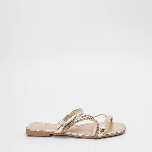 Rasteira Feminina Penélope Multitiras Detalhe Nó & Strass Metalizado Ouro